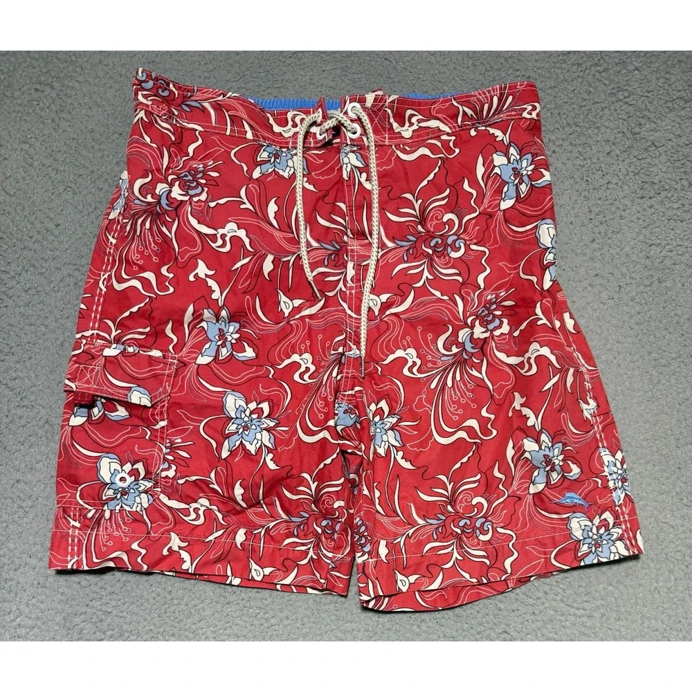 Tommy Bahama Relax Red Floral Tropical Print Lined Swim Trunks Mens Size Medium